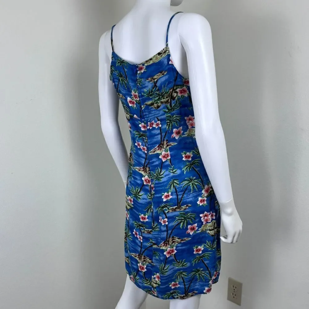 Vintage Women Size M Blue Floral Tropical Hawaiian Novelty Y2K Mini Slip Dress